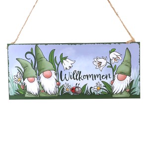 Metallschild Willkommen mit Zwergen und Blumen, Gartendeko zum Aufhängen, 30,5x13cm.