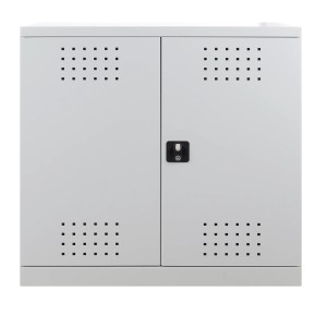 Lichtgrauer PROREGAL Gefahrstoffschrank Small (100x100x50 cm) mit zwei Türen und Lüftungslöchern.