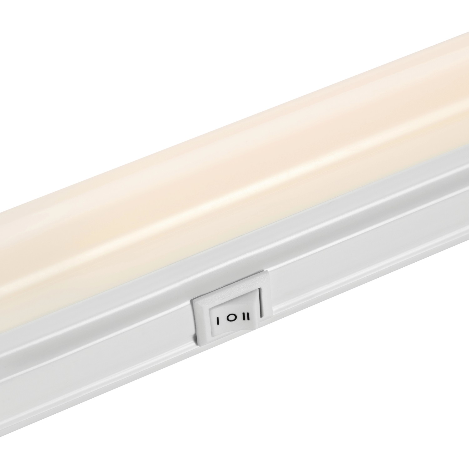 Weiße LED-Lichtleiste mit Schalter, variable Lichtfarbe für Küchen und Arbeitsbereiche.
