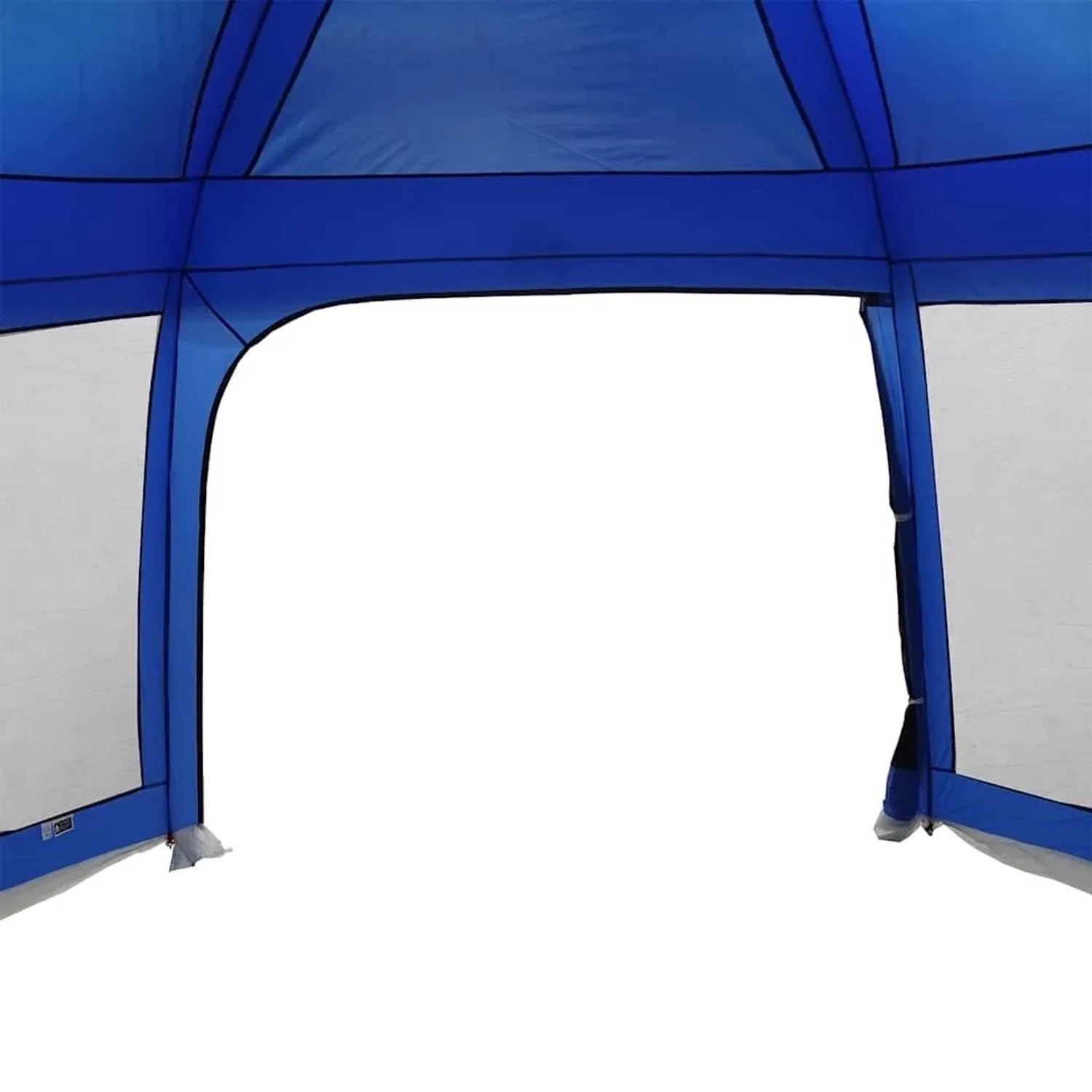 Detailaufnahme Poolzelt Azurblau mit Netzwänden, Eingangsbereich.