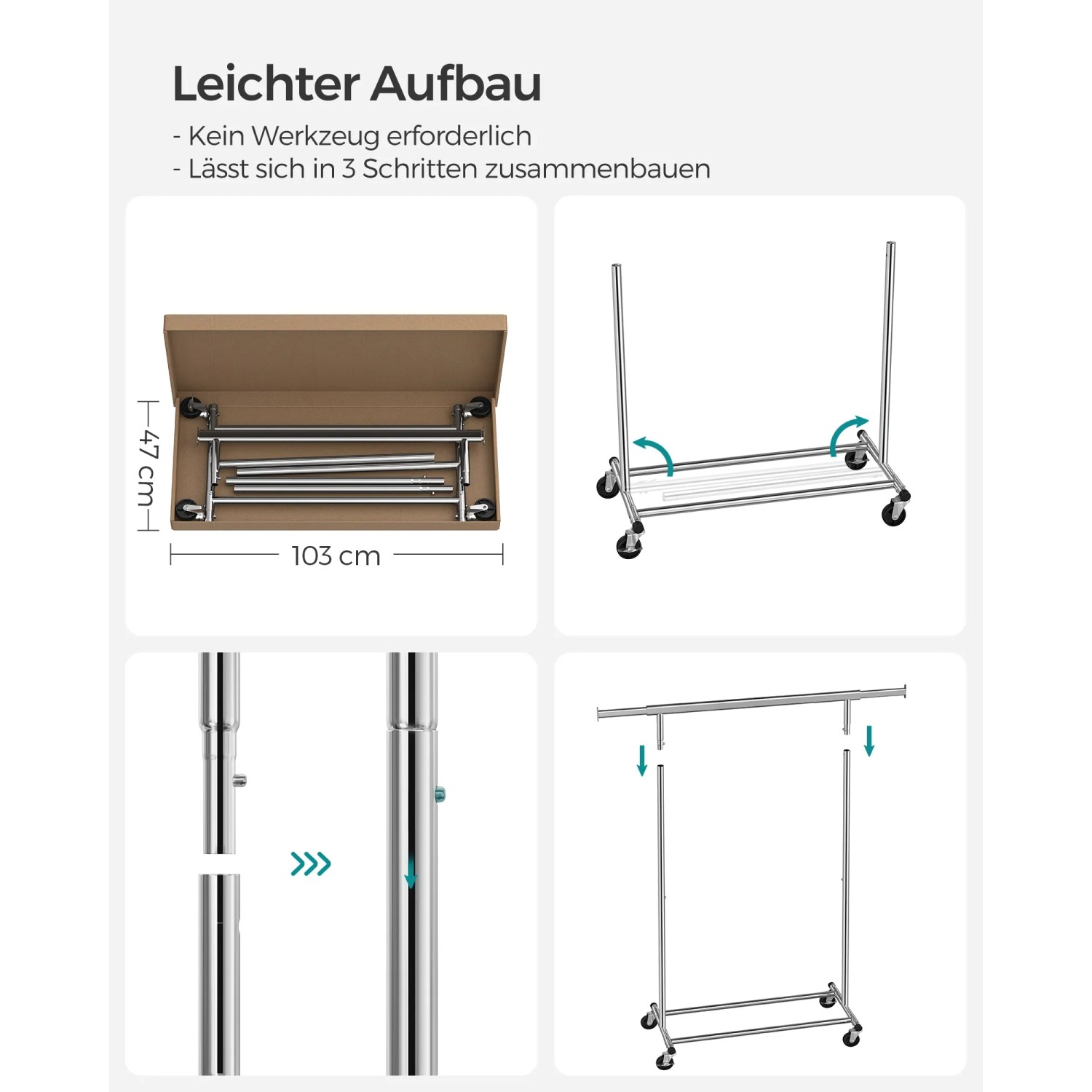 Songmics Kleiderständer Silber mit Rollen, ausziehbar, einfacher Aufbau in 3 Schritten.