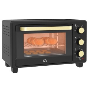HOMCOM Minibackofen, 16L, schwarz, mit Brötchen und Keksen im Innenraum.