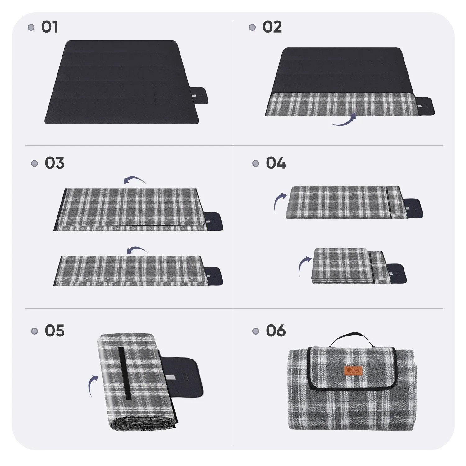 Anleitung zum Falten der Sekey Picknickdecke 200x200 cm, grau kariert, für Camping und Outdoor.