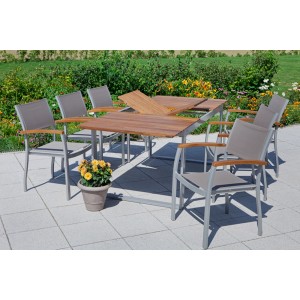 Merxx Gartenmöbel-Set Naxos, 7-teilig, mit Ausziehtisch und Stapelstühlen in Grau.