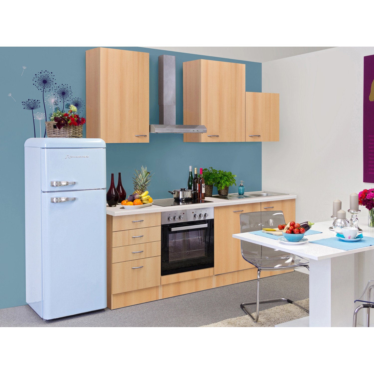 Flex-Well Classic Küchenzeile/Küchenblock Nano 220 cm Buche Nachbildung