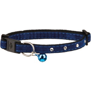 Blaues Trixie Katzenhalsband aus Samt mit Strass und Glöckchen.