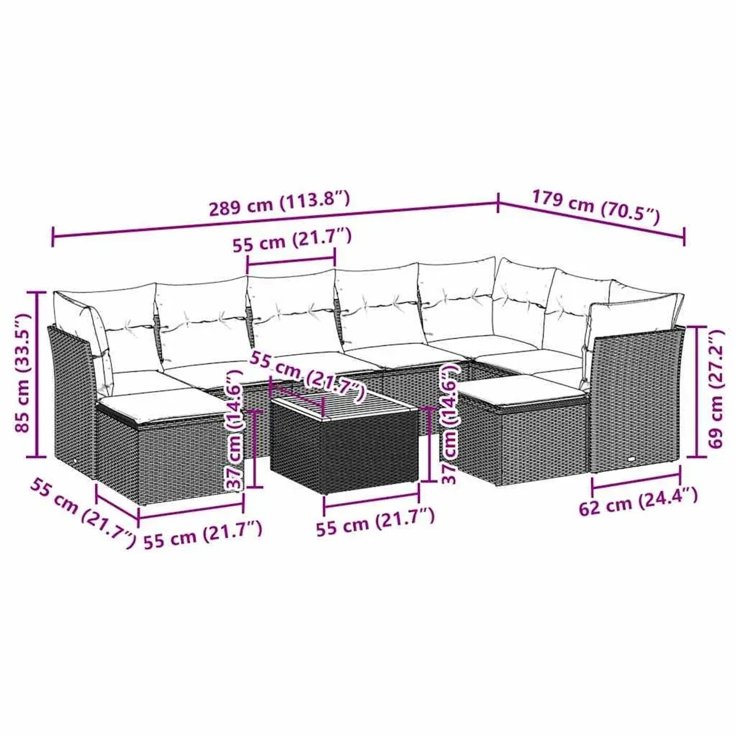 vidaXL 10-tlg. Garten-Sofagarnitur mit schwarzen Polyrattan und cremefarbenen Kissen.