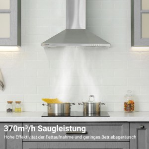 CIARRA Dunstabzugshaube 60cm aus Edelstahl in Küche, saugt Kochdampf ab. 370m³/h Leistung, 3 Stufen, LED.