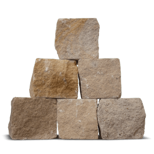 Galamio Sandsteinpflaster, gesägt und gebrochen, in Beige- und Gelbtönen.