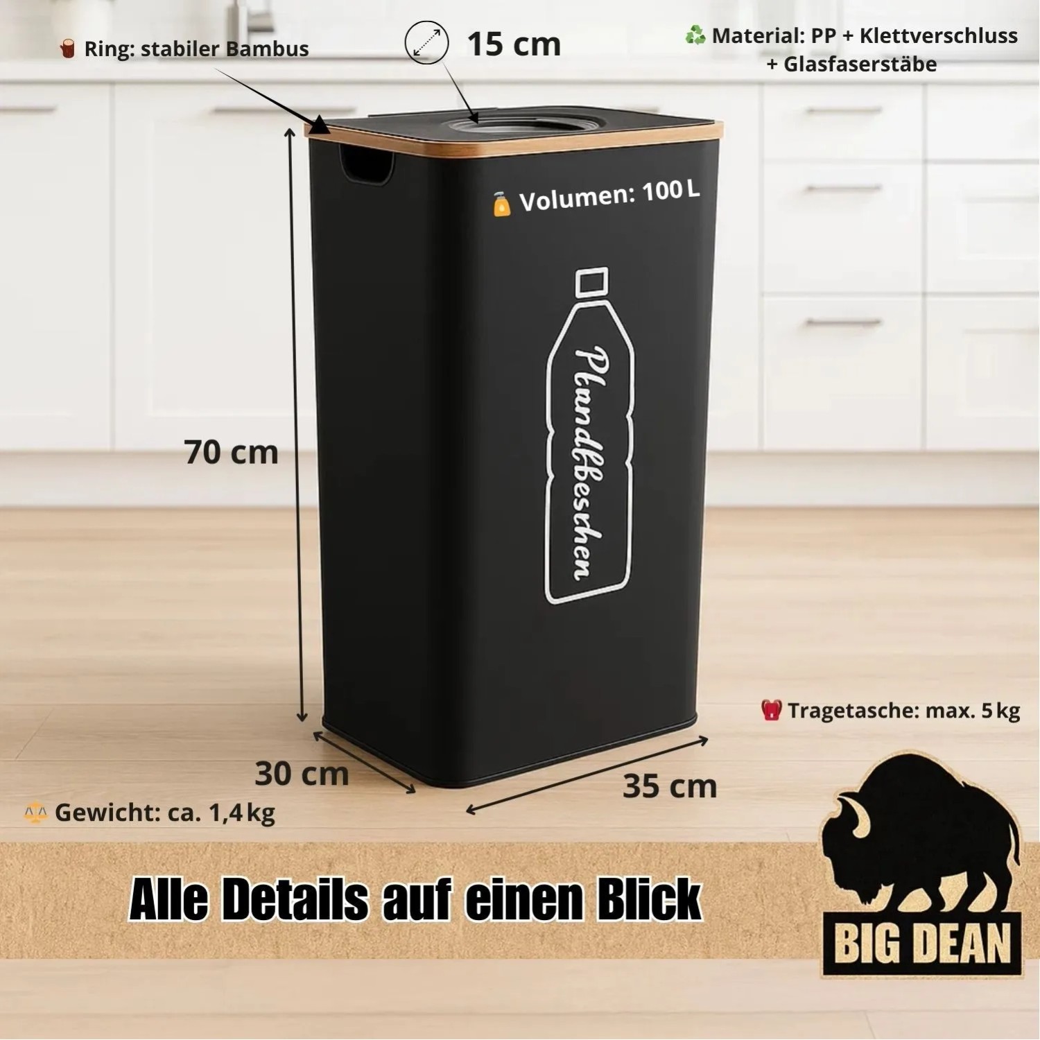 Schwarzer BigDean Pfandflaschen-Sammelbehälter 100L mit Bambusring und Tragetasche.