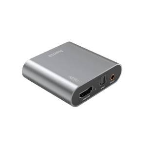 Hama HDMI-Audio-Extractor AE90 in Silber mit HDMI-Ausgang, Toslink und 3,5-mm-Klinke für Computer-Zubehör.