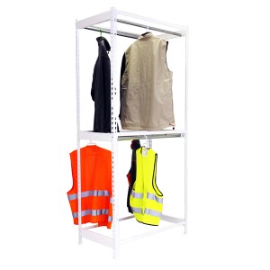 Weißes PROREGAL Kleiderstangenregal Metal Doppel mit Kleidung.