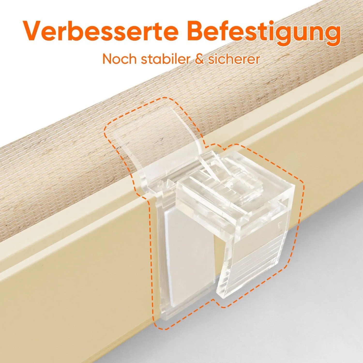 Detailaufnahme der verbesserten Befestigung des gelb-leinenfarbenen Sekey Doppelrollos.