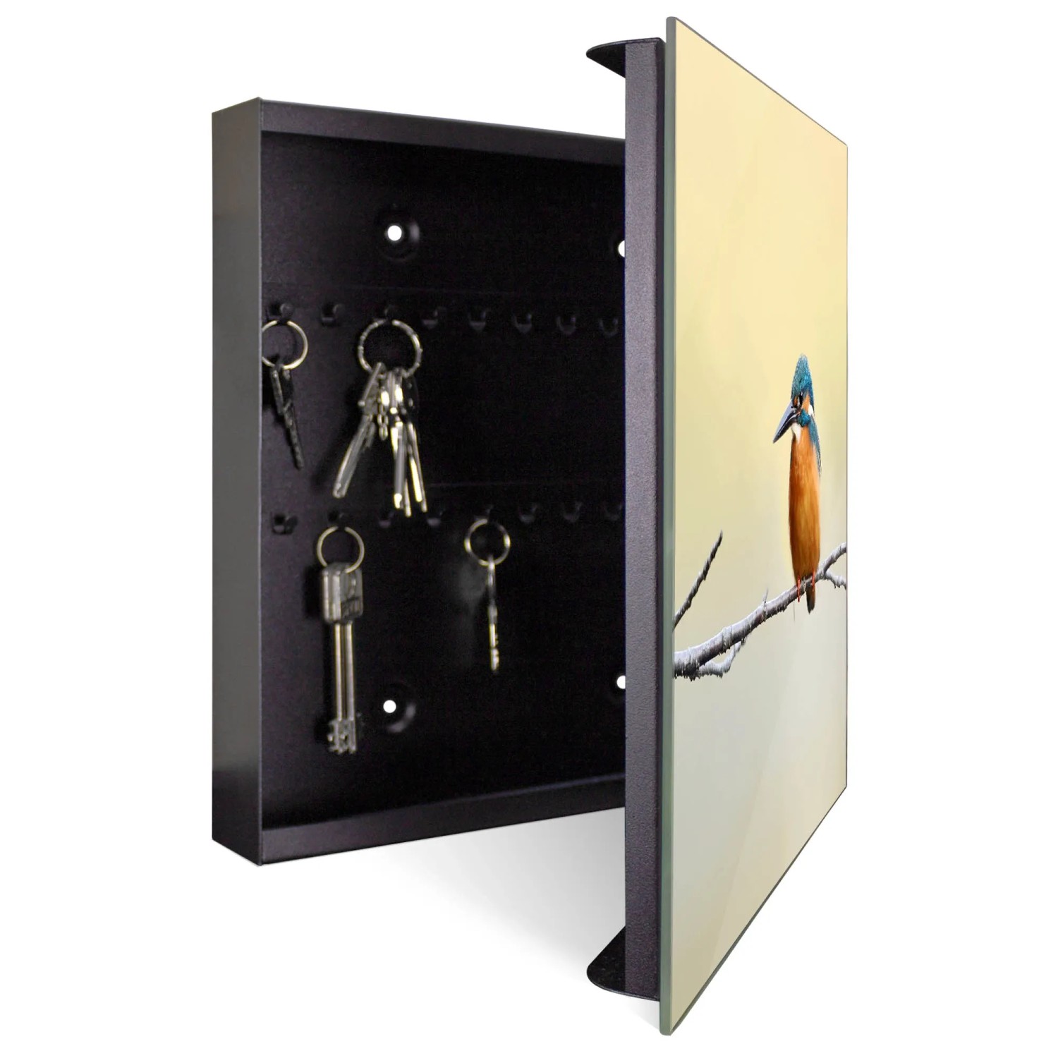 Banjado Schlüsselkasten mit Glasfront, Motiv Eisvogel, 50 Haken, magnetisch & beschreibbar.