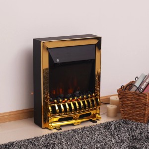 Elektrischer Standkamin in Gold und Schwarz mit realistischem Flammeneffekt und Kohleglut, Vintage-Design.
