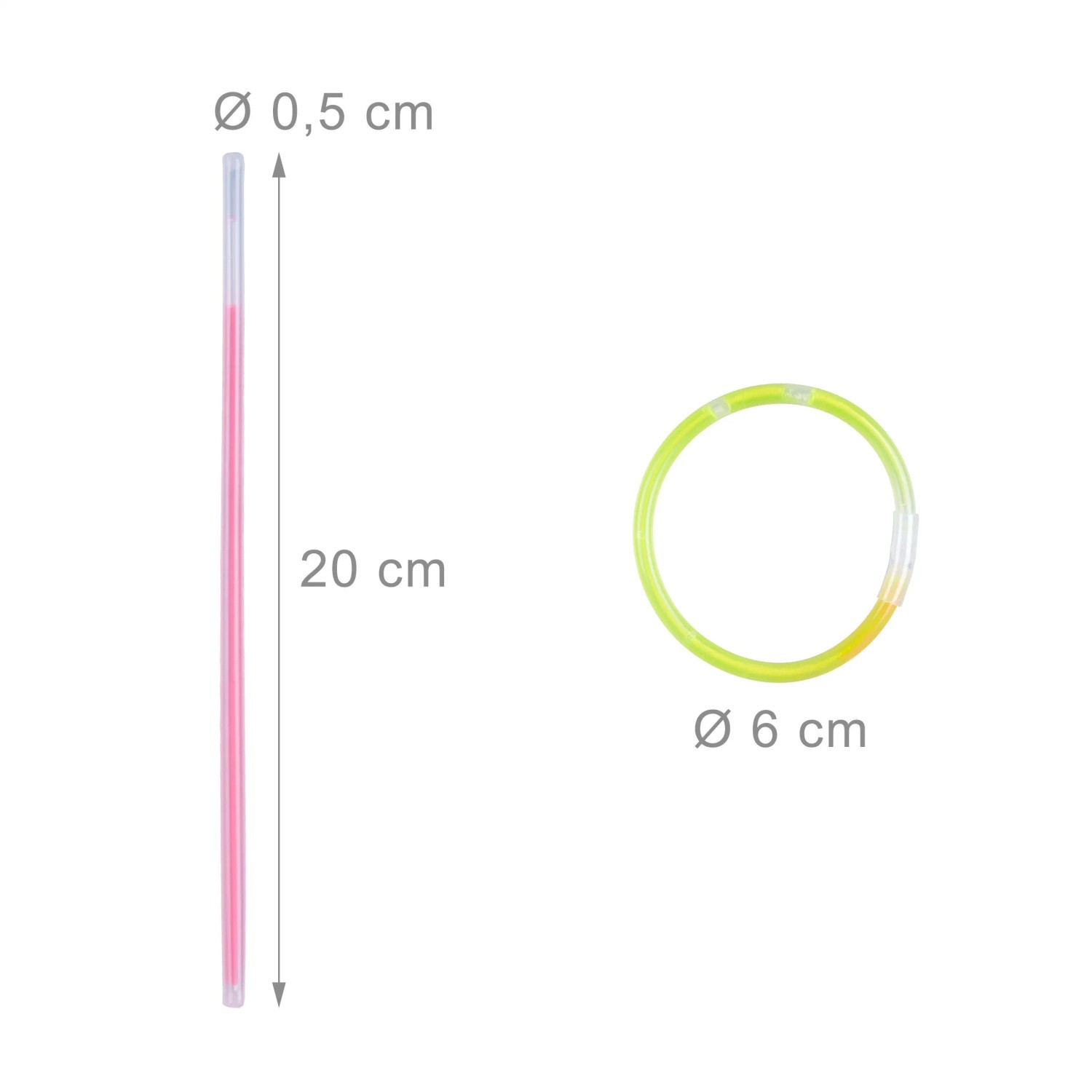 Bunte Knicklichter: ein pinker Leuchtstab (20x0,5 cm) und ein gelbes Armband (Ø 6 cm) mit Verbindern für Partys.