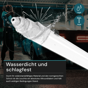 LUXULA LED Feuchtraumleuchte (150cm) unter Wasserstrahl, wasserdicht und stoßfest.