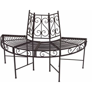 Halbkreisförmige Baumbank aus Metall in Rost-Optik für 3 Personen, filigrane Ornamente.