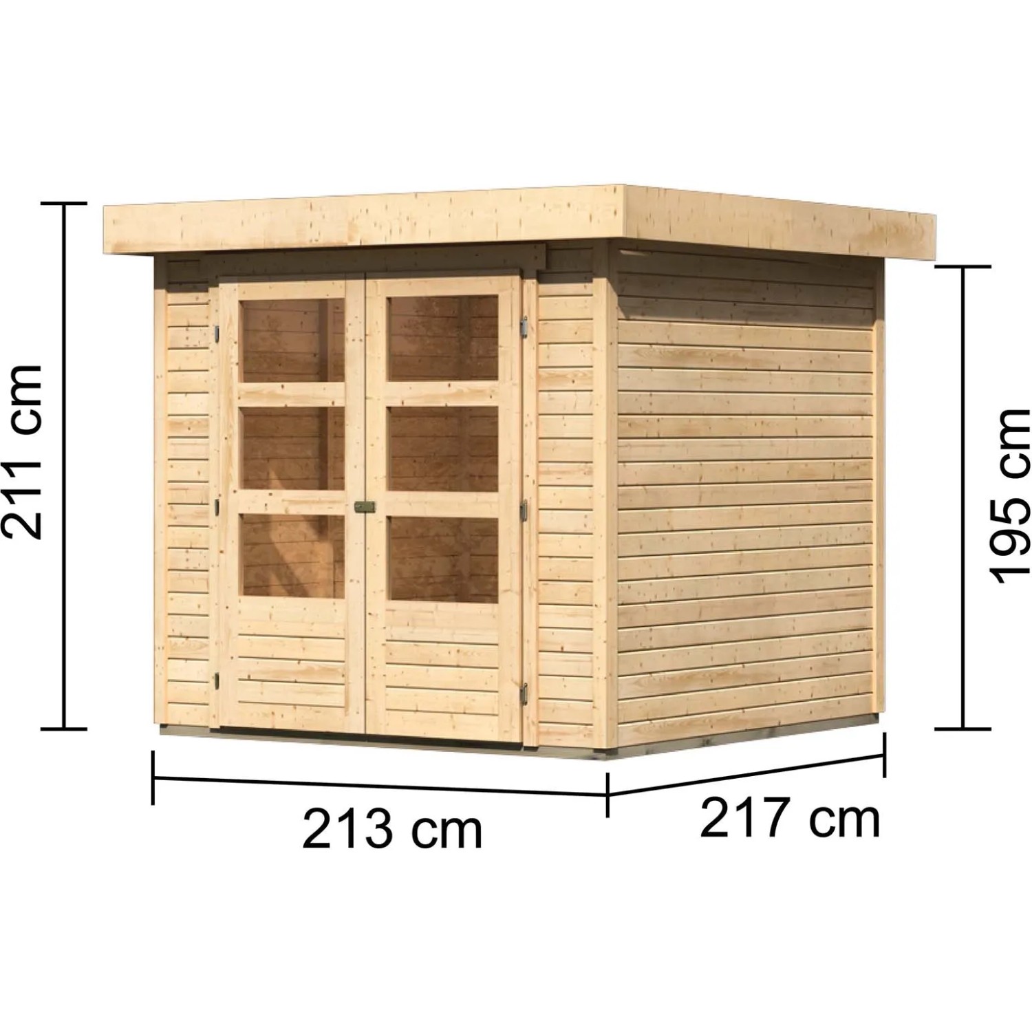 Karibu Holz-Gartenhaus Boras, naturbelassen, mit Flachdach und Doppeltür. Abmessungen: 209x213 cm.