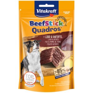 Vitakraft Beef Stick Quadros Leber & Kartoffel, 70g Packung Hunde-Kaustreifen mit Hund.