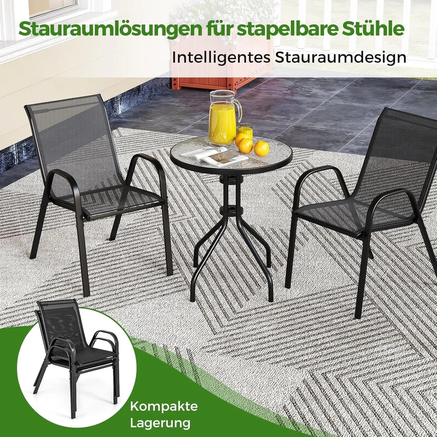 Costway Balkonmöbel-Set, 3-teilig: Bistrotisch mit Glasplatte und zwei stapelbare Gartenstühle.