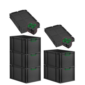 PROREGAL Sparset: 5 schwarze Euroboxen mit grünen Griffen und Auflagedeckel. Aufbewahrungsboxen für Lager und Transport.