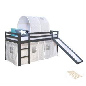 Homestyle4u Kinderhochbett 90x200 Grau mit Lattenrost Rutsche 2781