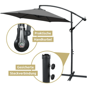 deluxe4home Ampelschirm mit Ständer, 270cm Durchmesser, anthrazit, mit Handkurbel und Steckverbindung.