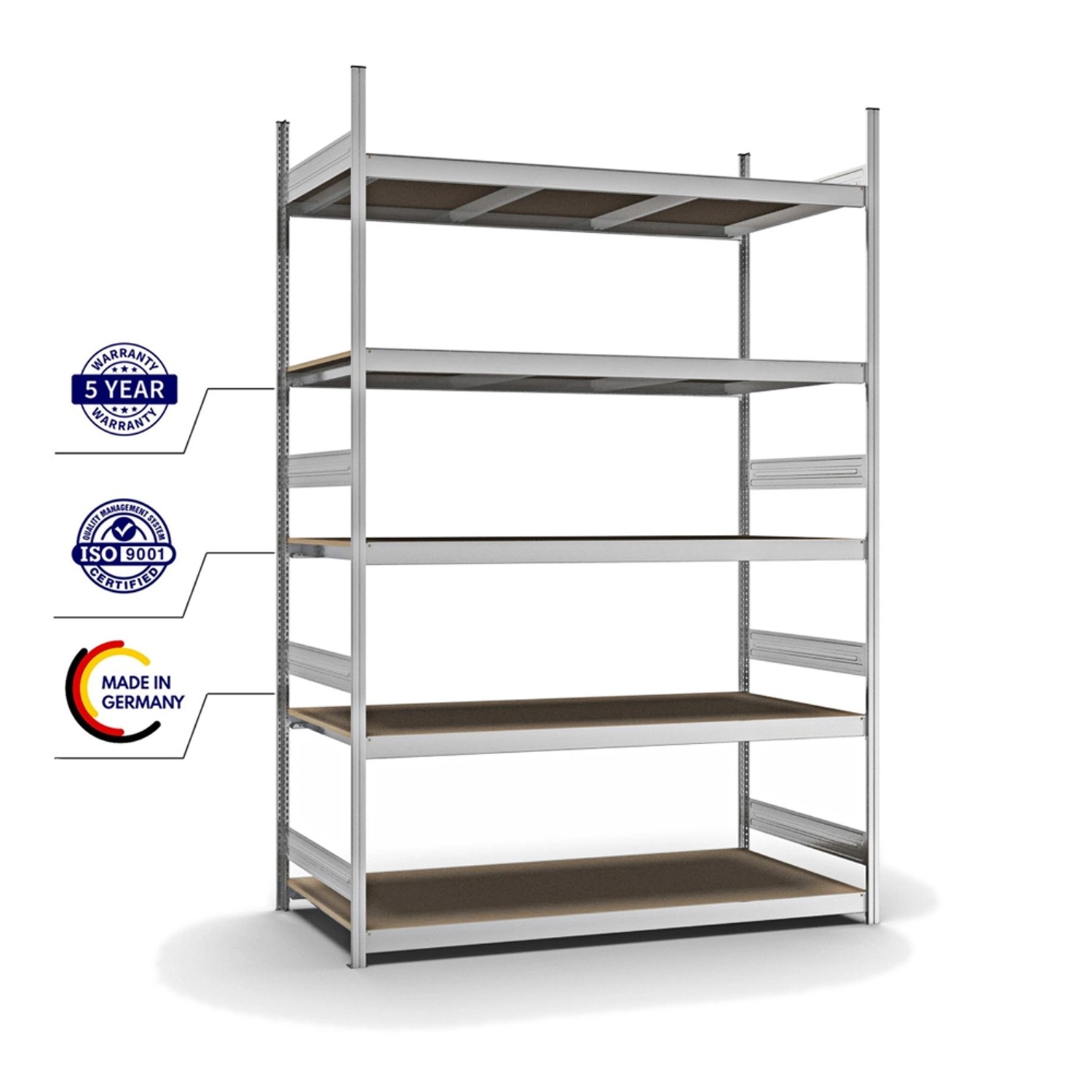 Verzinktes PROREGAL Weitspannregal mit 5 Spanplatten-Ebenen, Fachlast 350 kg, 300x200x80 cm.