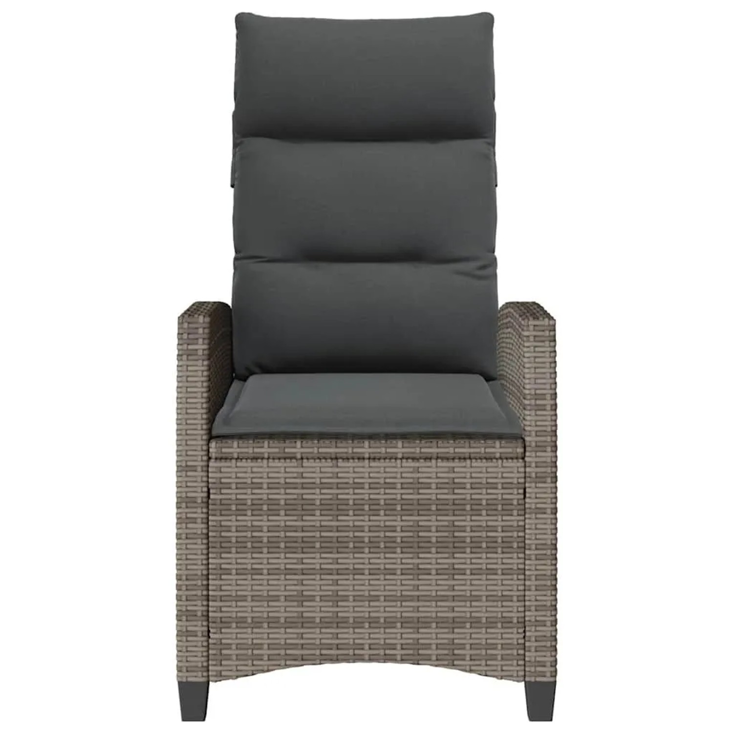 Grauer Poly Rattan Gartensessel mit hoher Rückenlehne und dunklen Polstern. Verstellbarer Relaxsessel für Garten & Terrasse.