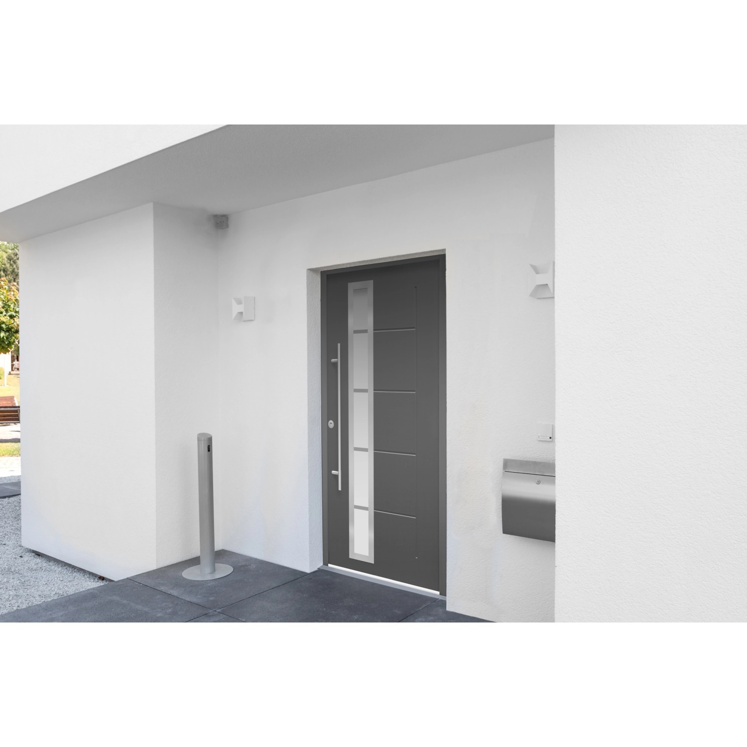 Anthrazitfarbene Sicherheits-Haustür ThermoSpace Prime Paris RC2 mit Edelstahlgriff und Glaseinsatz.