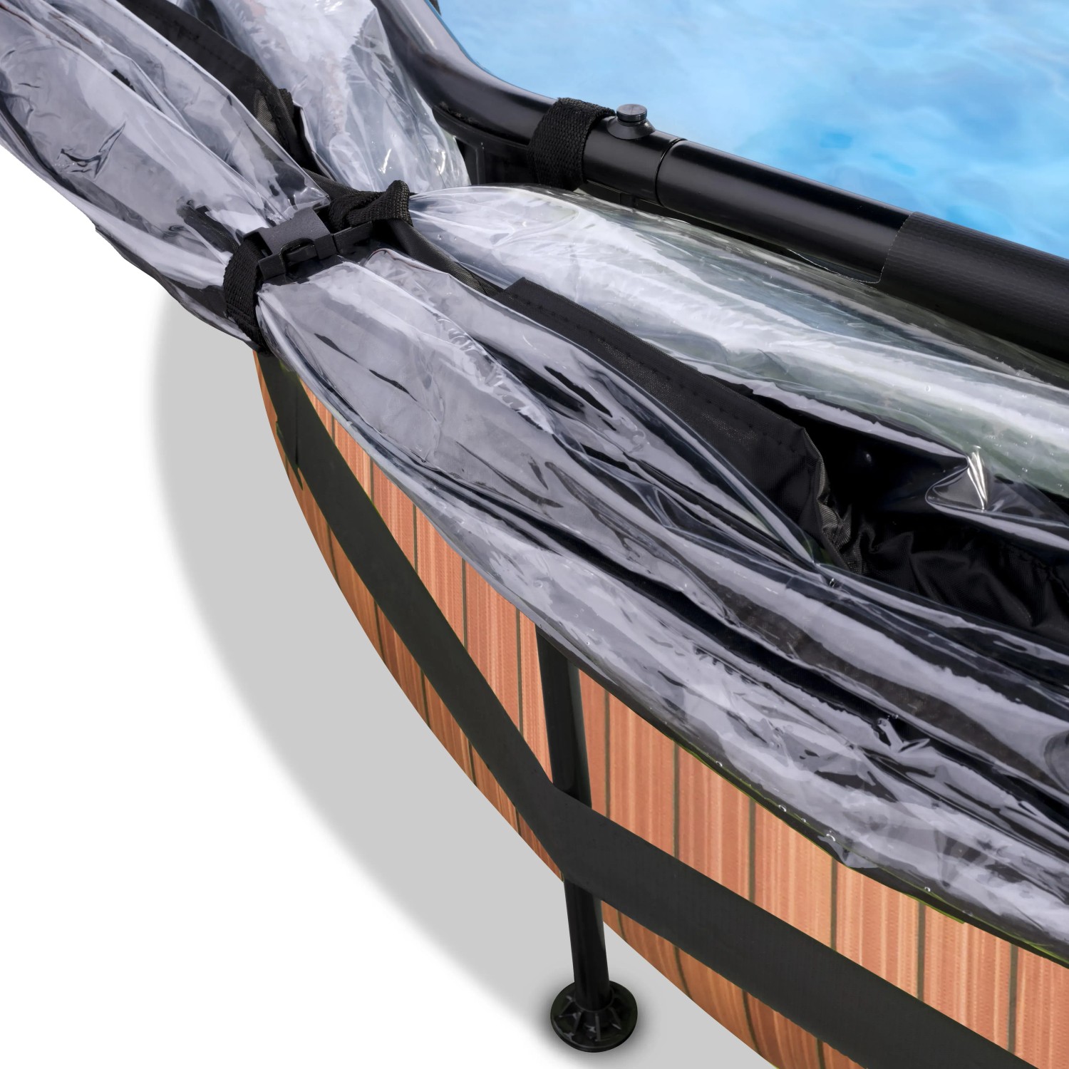 Detailaufnahme: Runder EXIT Wood Pool Ø300 mit brauner Holzoptik, Filterpumpe und transparenter Abdeckung.