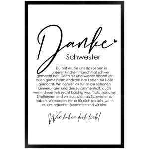 Gerahmtes Poster "Danke Schwester" (40x60 cm) mit liebevoller Botschaft als Geschenkidee.