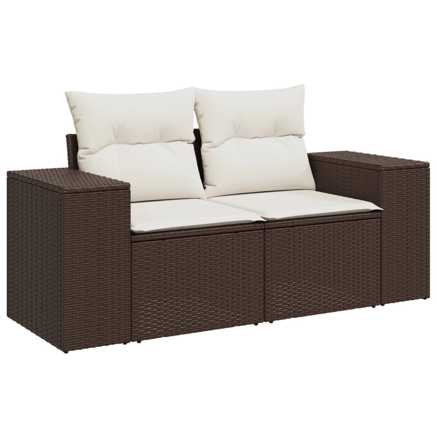 Braune 6-tlg. vidaXL Garten-Sofagarnitur aus Polyrattan mit cremeweißen Kissen.