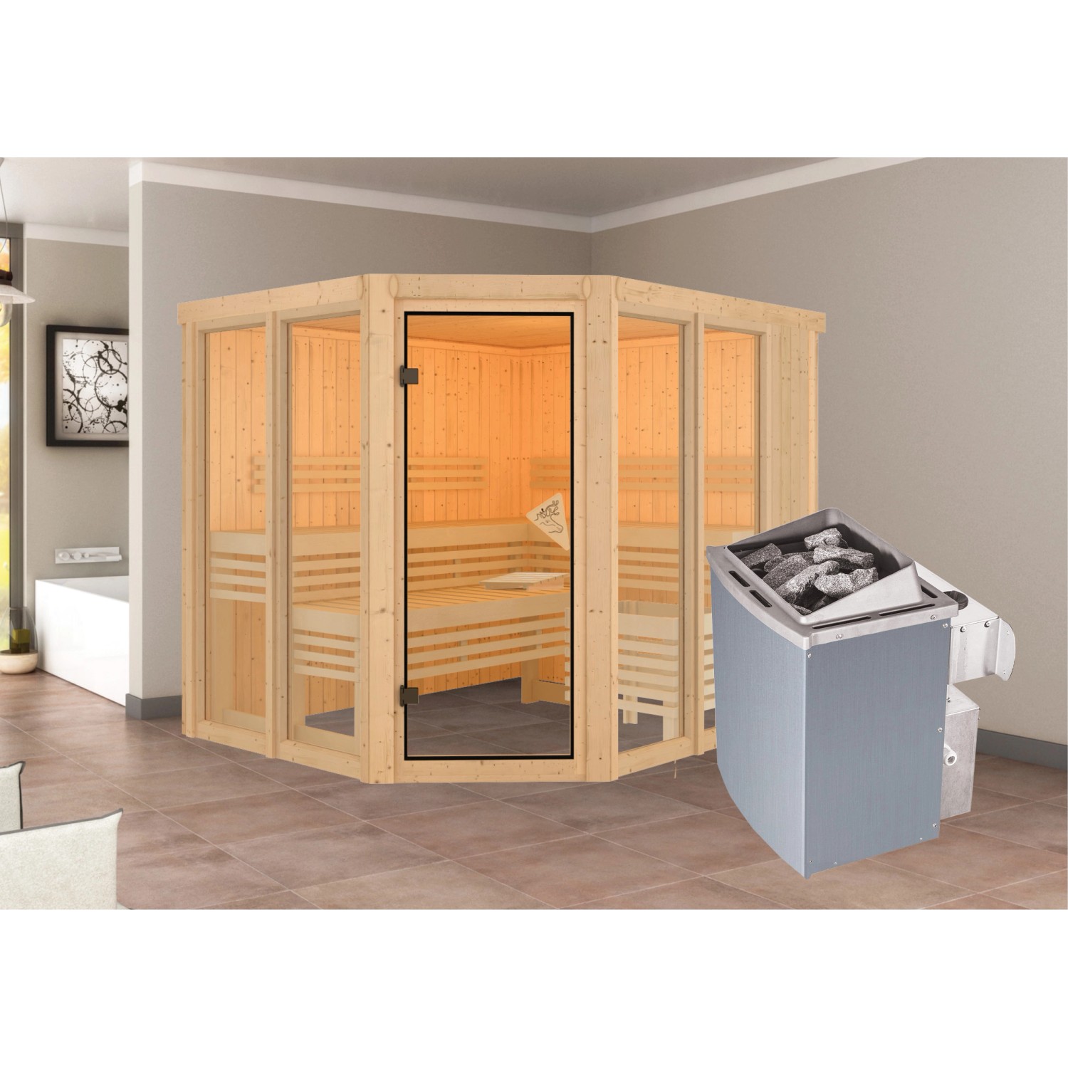 Karibu Sauna Airin 3 mit Ofen intergrierte Stg.Natur