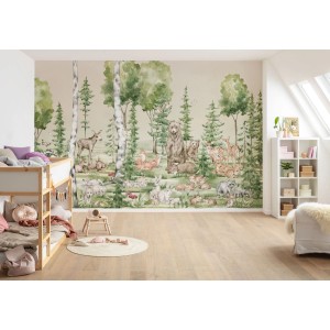 Kinderzimmer mit Fototapete Tiere Grün (4x2,5m) mit Waldtieren wie Bären, Rehe und Hasen.