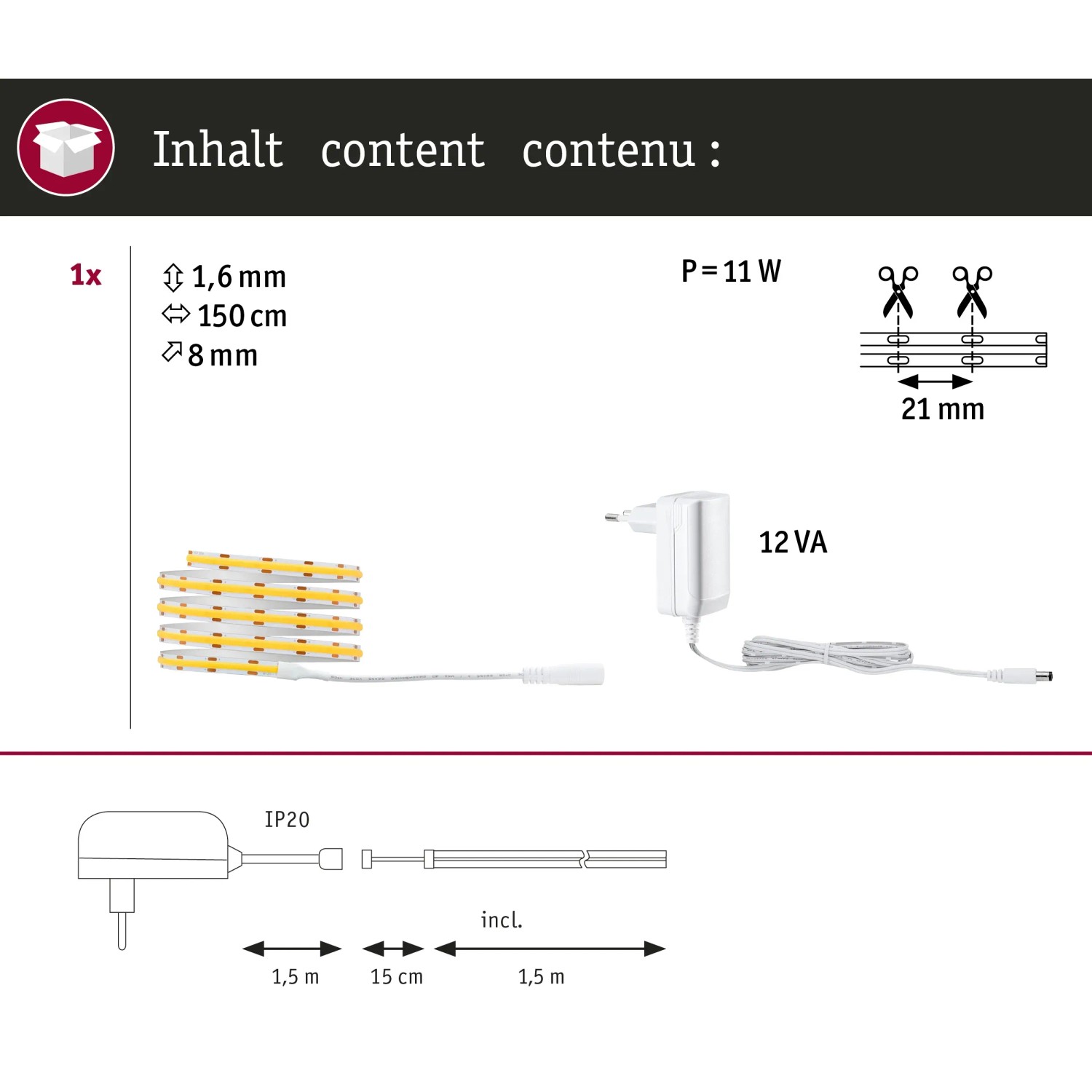 Paulmann SimpLED LED Strip COB 1,5m Komplettset, weiß, 7W. LED-Streifen mit Netzstecker und Zubehör.