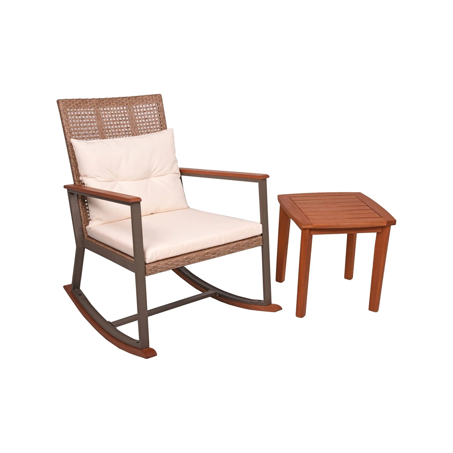 DELUKE Outdoor-Schaukelstuhl MAINZ mit Beistelltisch Hellbraun Eukalyptus Gartenstuhl Relaxsessel Garten Balkon Outdoor