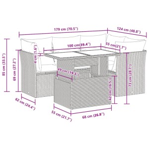 Graue 5-tlg. Garten-Sofagarnitur aus Polyrattan mit Kissen, Maße siehe Abbildung.