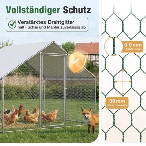 Sekey Hühnerstall mit Hühnern im Freilaufgehege, geschützt durch 0,9mm Drahtgitter (30mm Masche) vor einem Fuchs.