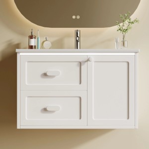 PXloue Waschtisch mit Unterschrank 76 cm Wandhängend Badmöbel Set Keramik Waschbecken LED Sensor Licht Weiß