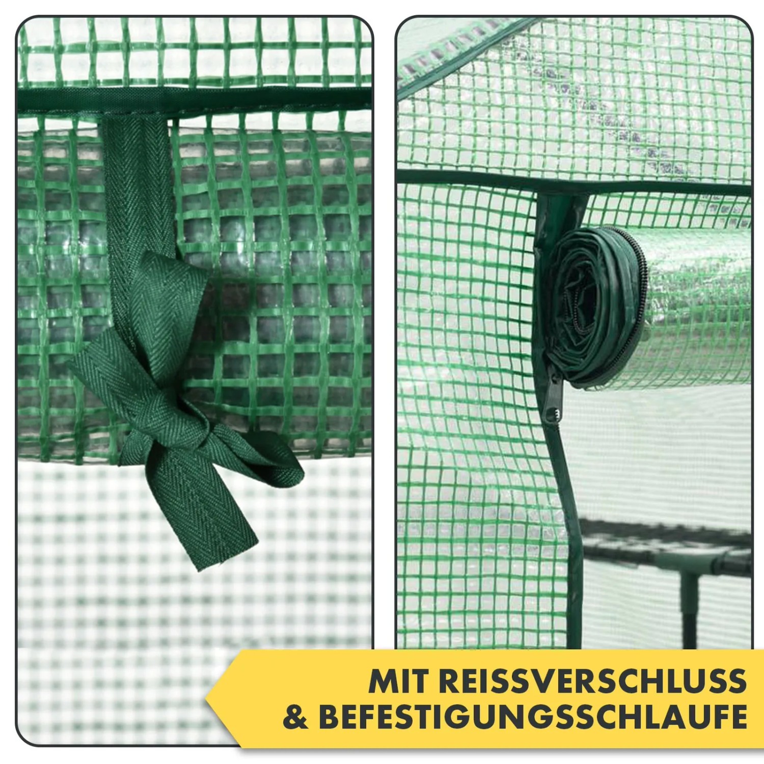 Detailaufnahme Foliengewächshaus Harrest: Aufgerollte Tür mit Reißverschluss und Befestigungsschlaufe.