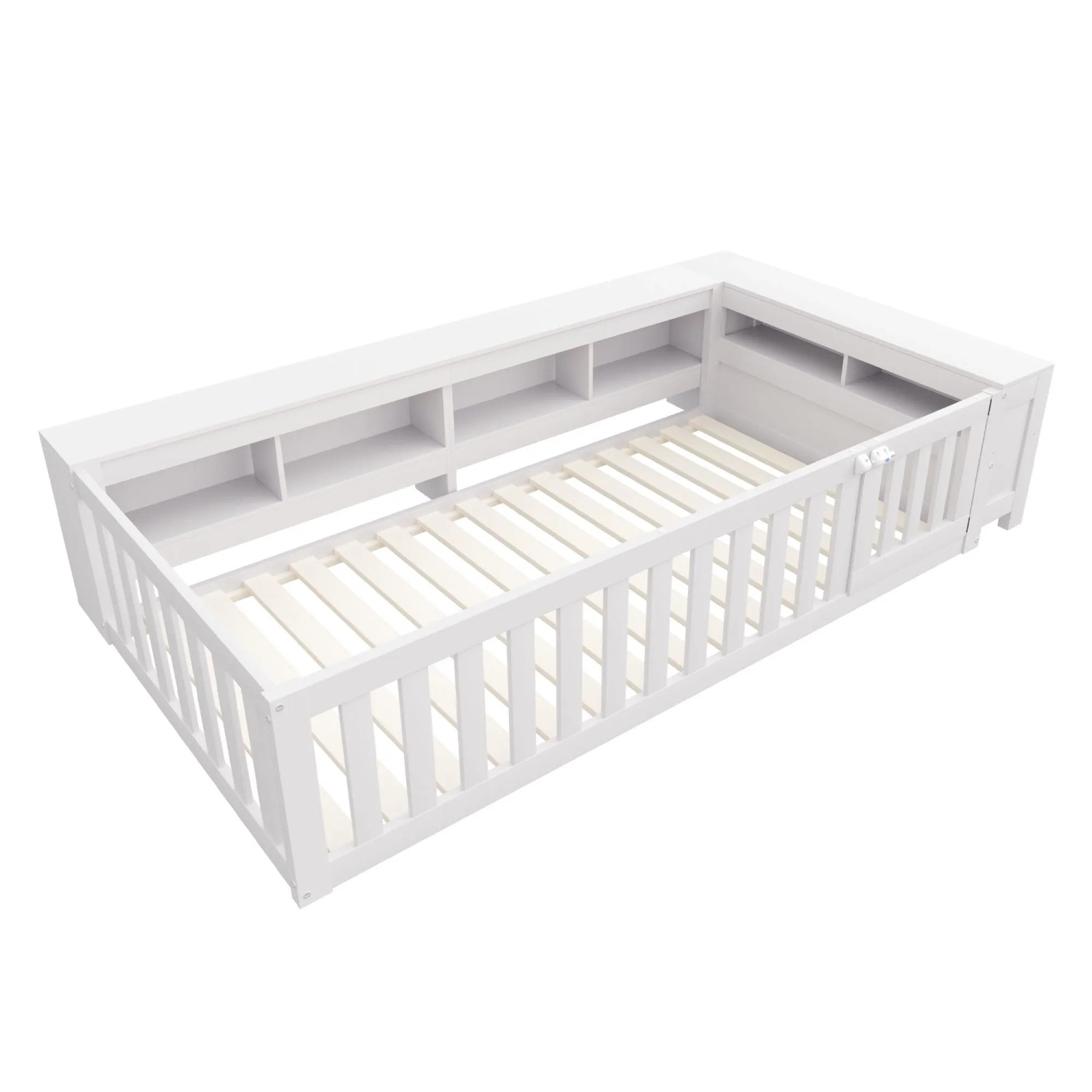 okwish Einzelbett 90x200cm mit Staufächern Sicherheitsgitter Kinderzimmer Weiß ohne Matratze