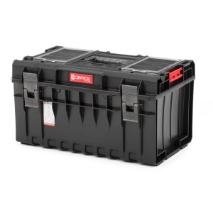 Schwarzer PROREGAL QBRICK Werkzeugkasten mit transparentem Deckel und Klemmverschlüssen.