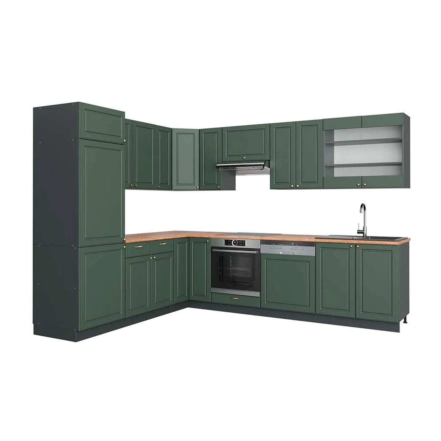 Vicco Eckküche Fame-Line Grün-Gold Landhaus/Anthrazit 287 x 82, AP Eiche