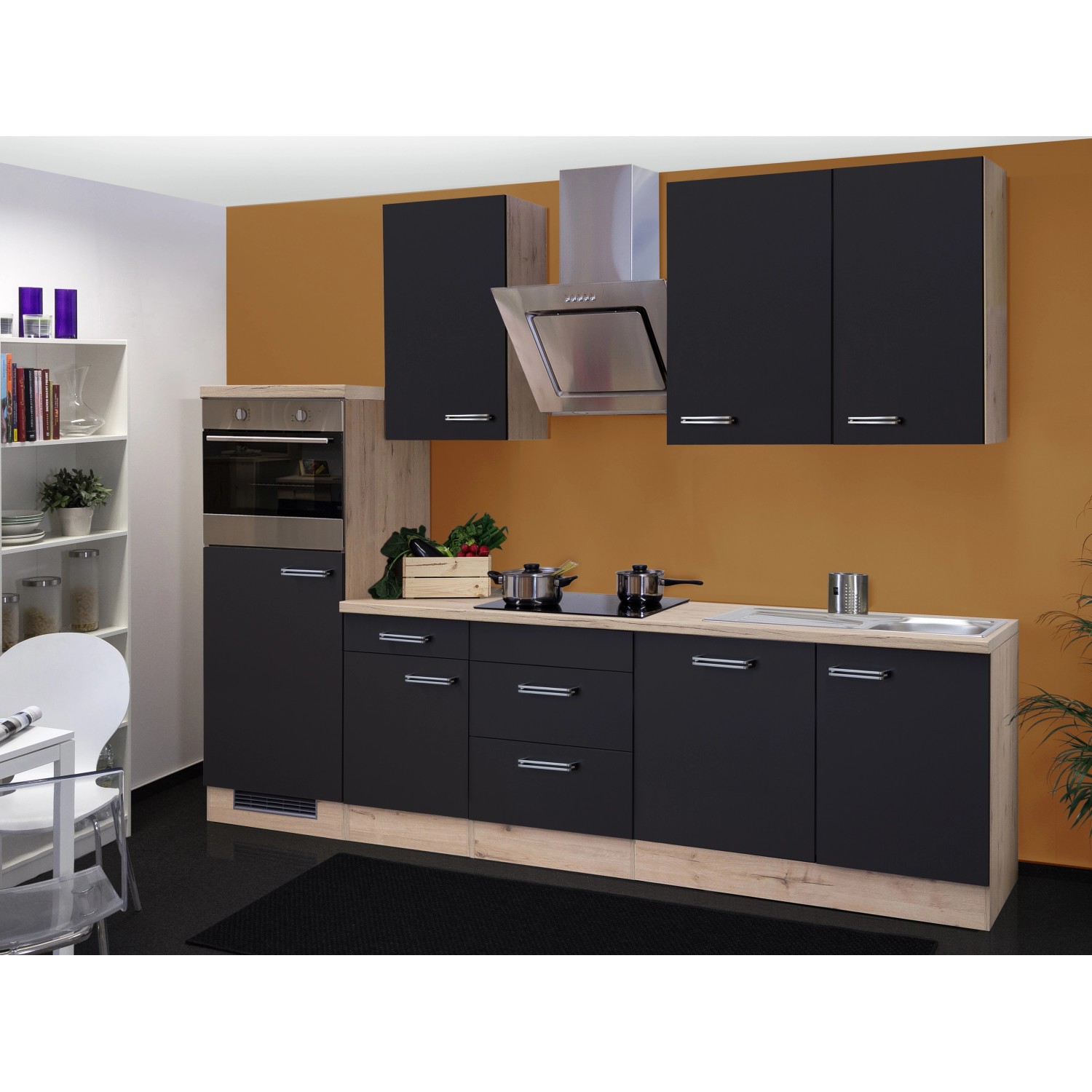 Flex-Well Exclusiv Küchenzeile/Küchenblock Lara 280 cm Anthrazit-San Remo Eiche NB