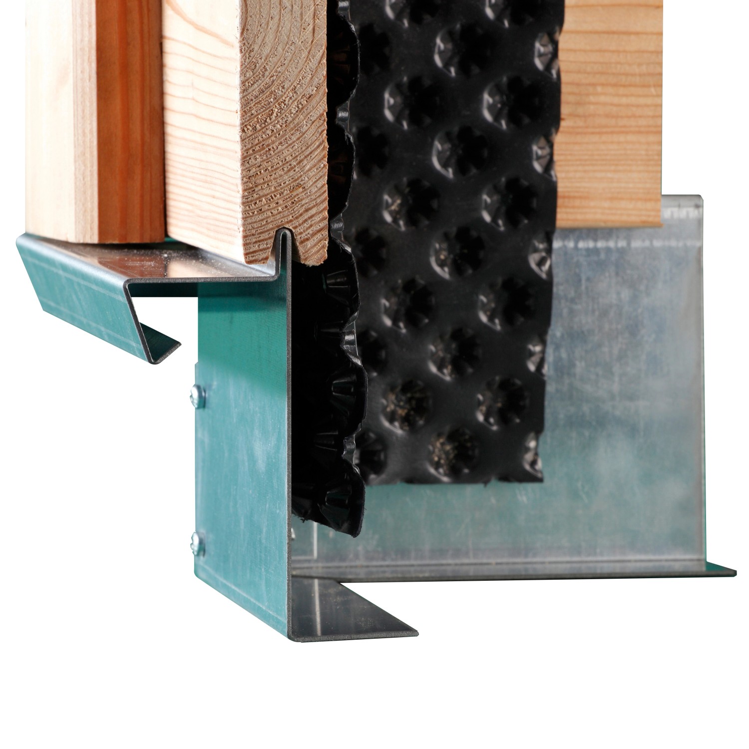 Detailansicht KGT Hochbeet Woody: Lärchenholz, Noppenfolie, Stahlrahmen mit Schneckenstopp.