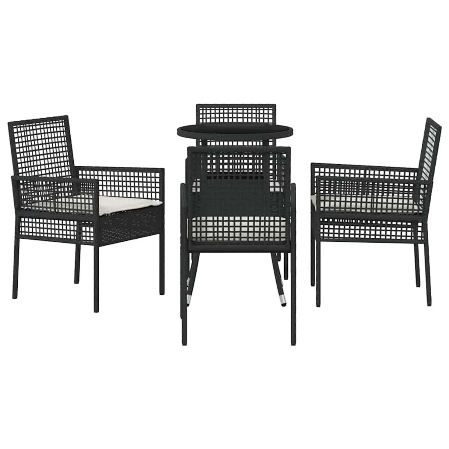 Schwarze 5-tlg. vidaXL Garten Essgruppe aus Poly Rattan mit Tisch und Stühlen.