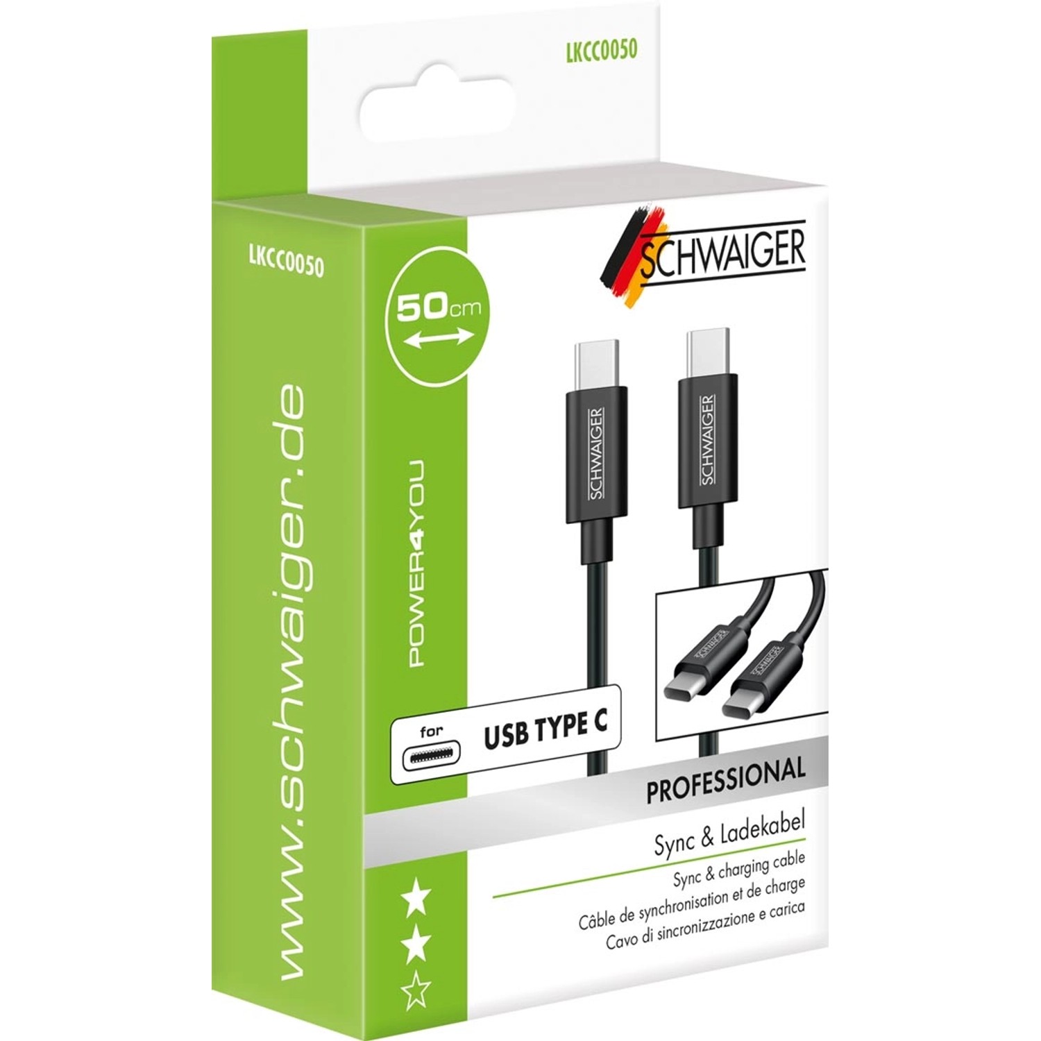 Schwaiger USB-C Kabel, 0,5 m, schwarz, zum Laden und Synchronisieren von Geräten.