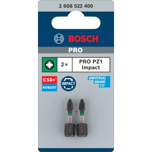 Zwei Bosch Impact Control PZ1 Schrauberbits in Verpackung. Robustes 2-teiliges Bitset für Schlagschrauber.